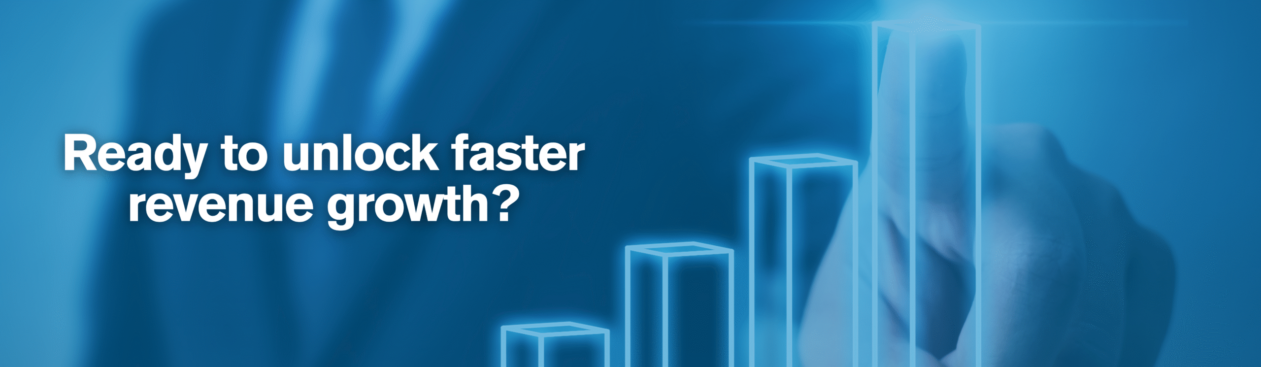 Business hand pointing at a rising bar chart with the text "Ready to unlock faster revenue growth?" – visual support for contact form on website.