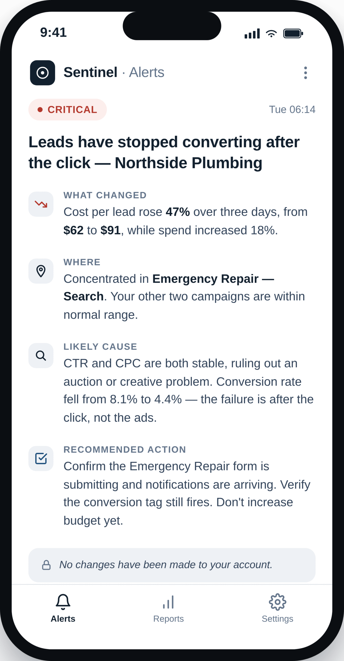 Sentinel critical alert showing a cost-per-lead spike diagnosed to a landing page issue